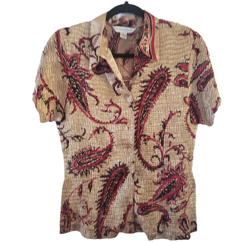 Casual Corner Button Front Crinkle Stretch Short Sleeve Top